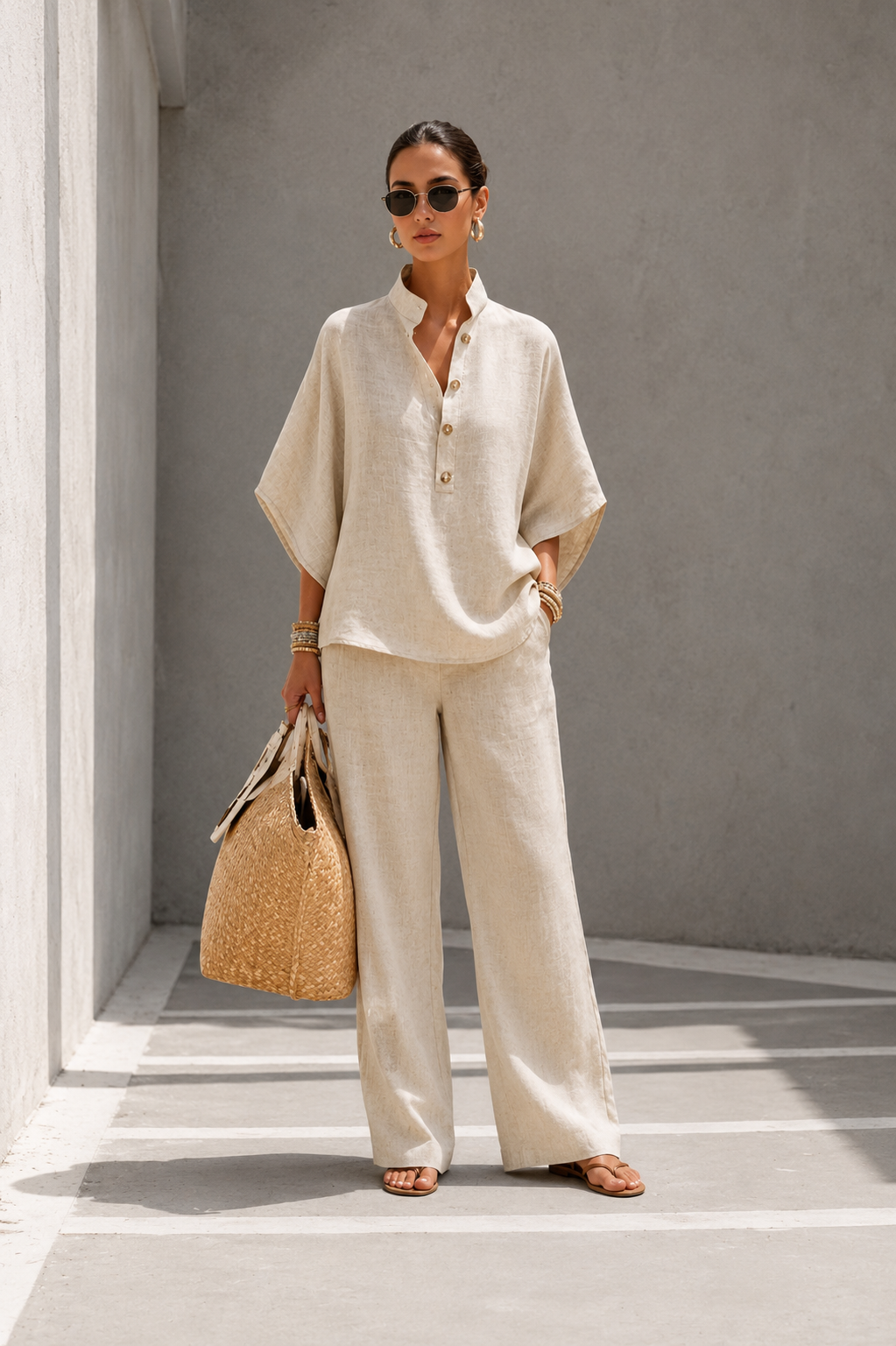 Maria | Conjunto de algodón y lino con mangas murciélago y pantalones anchos