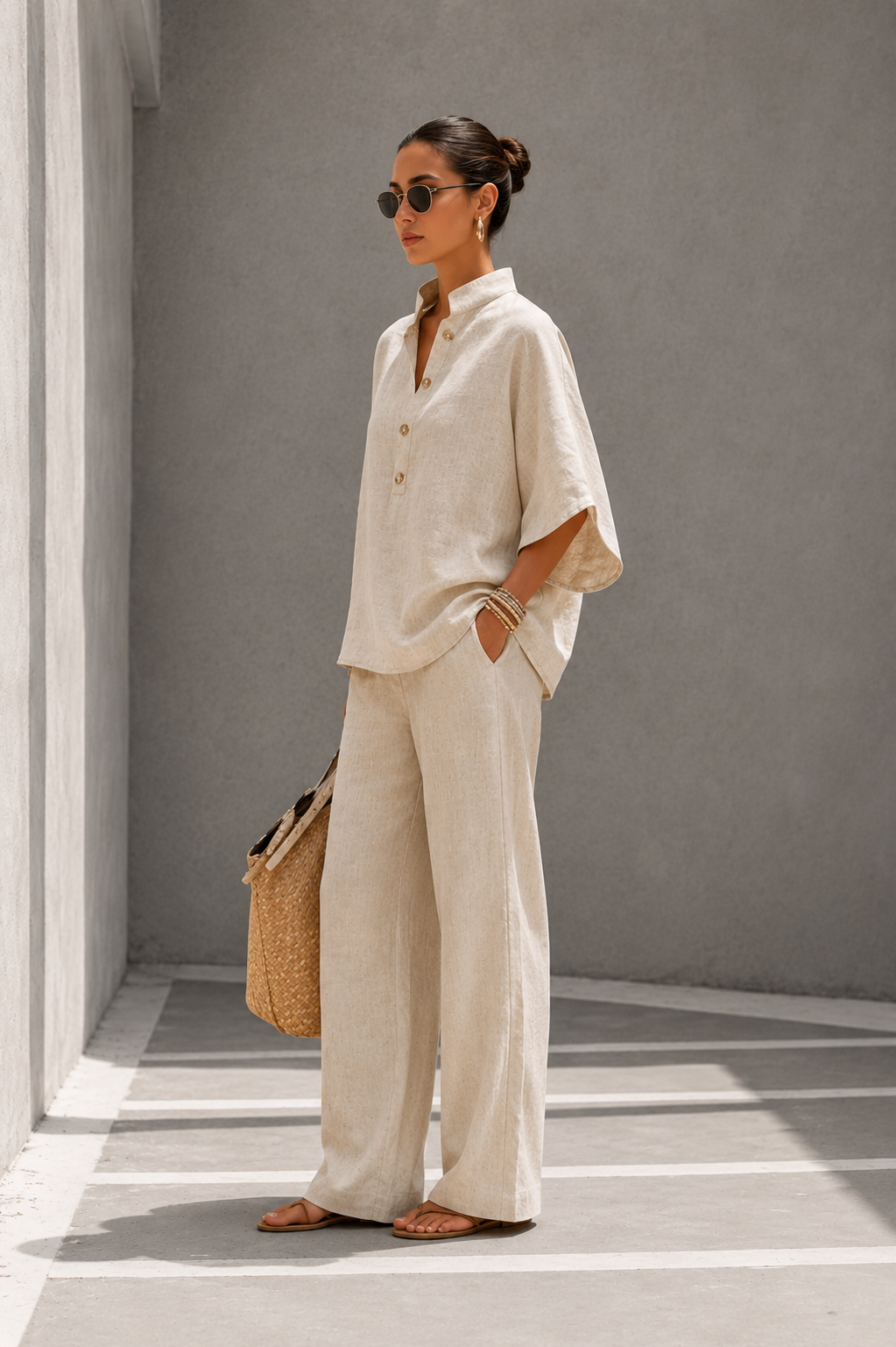 Maria | Conjunto de algodón y lino con mangas murciélago y pantalones anchos