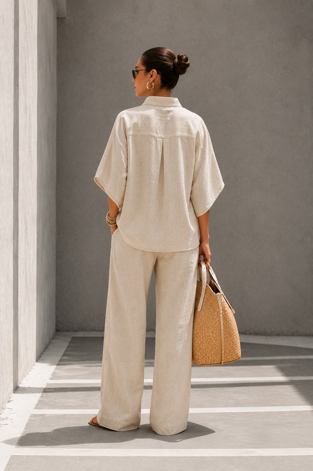 Maria | Conjunto de algodón y lino con mangas murciélago y pantalones anchos