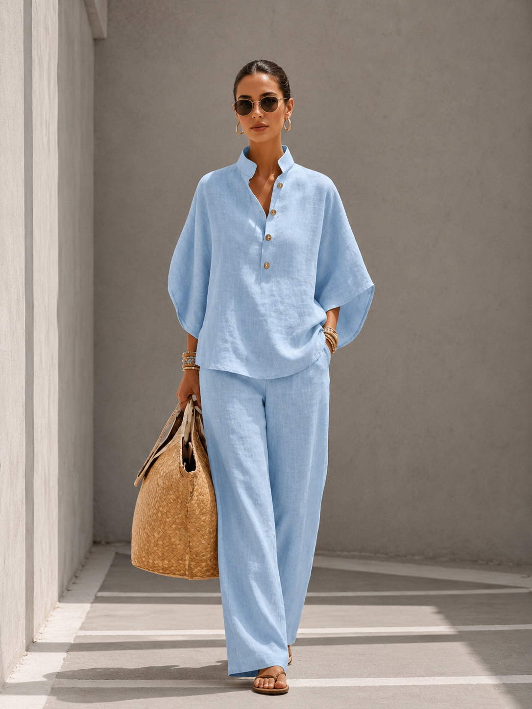 Maria | Conjunto de algodón y lino con mangas murciélago y pantalones anchos