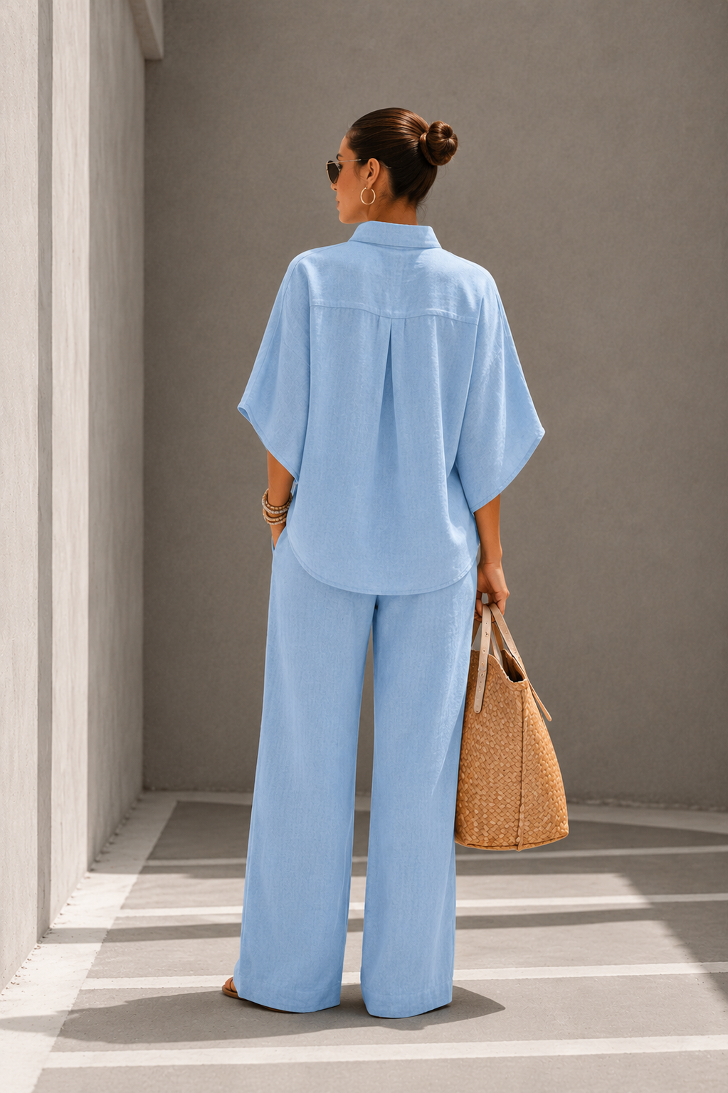 Maria | Conjunto de algodón y lino con mangas murciélago y pantalones anchos