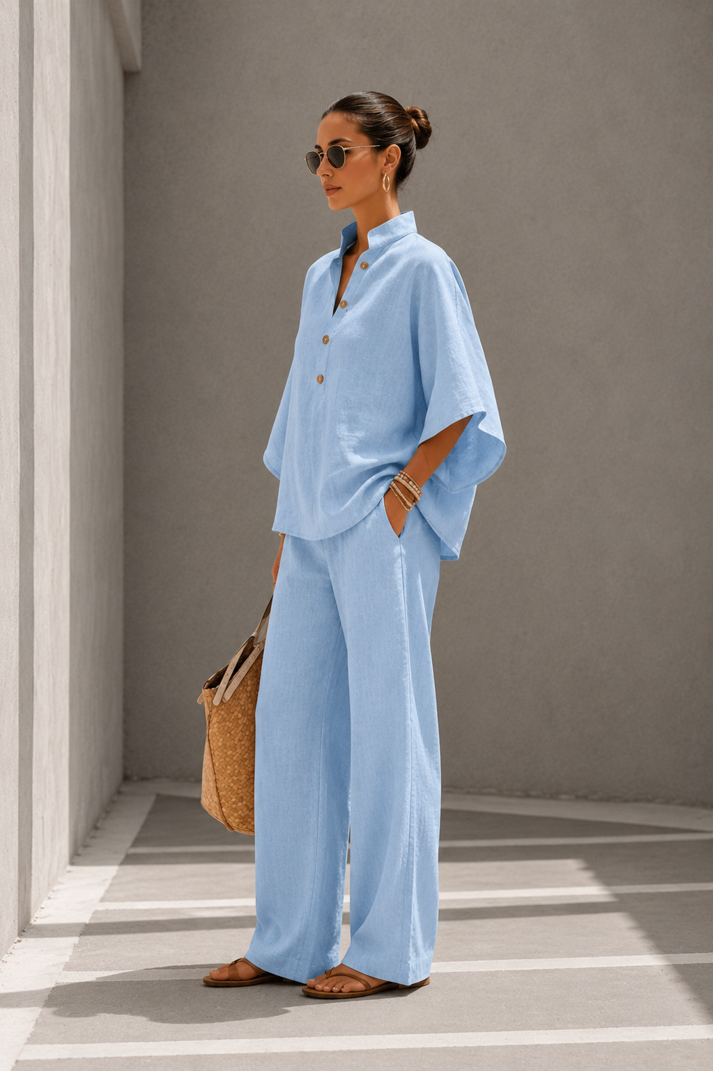 Maria | Conjunto de algodón y lino con mangas murciélago y pantalones anchos
