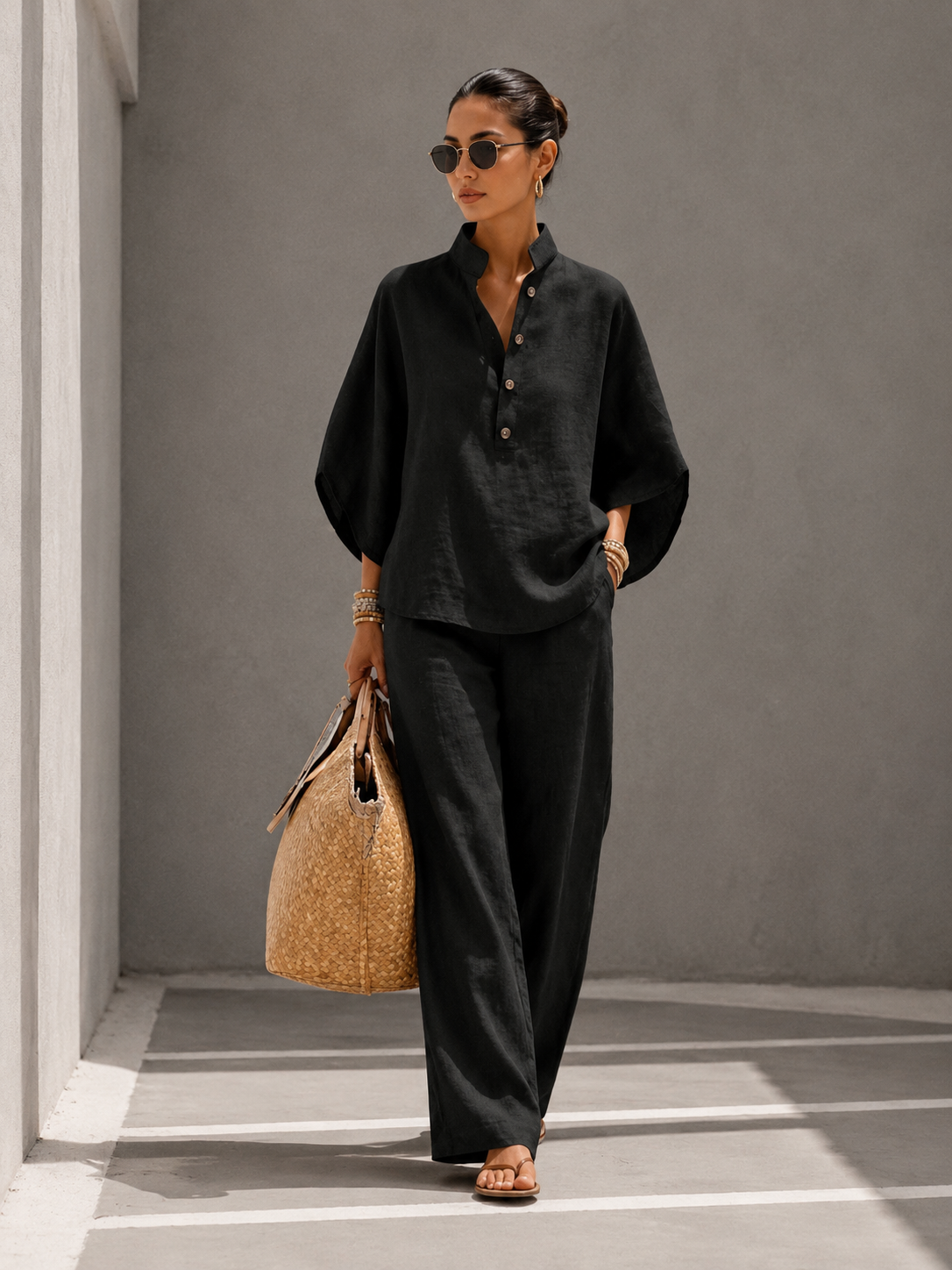 Maria | Conjunto de algodón y lino con mangas murciélago y pantalones anchos