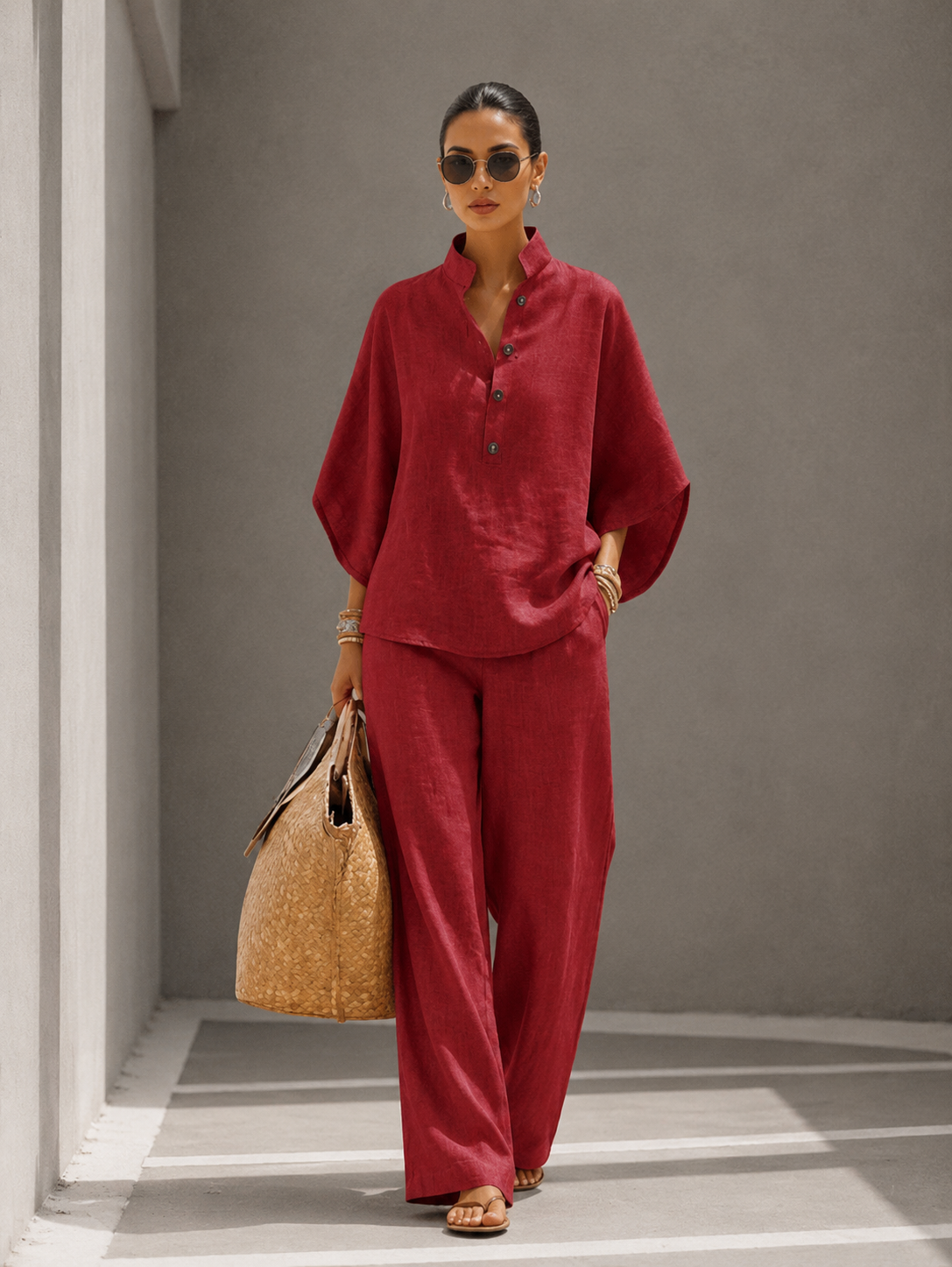 Maria | Conjunto de algodón y lino con mangas murciélago y pantalones anchos