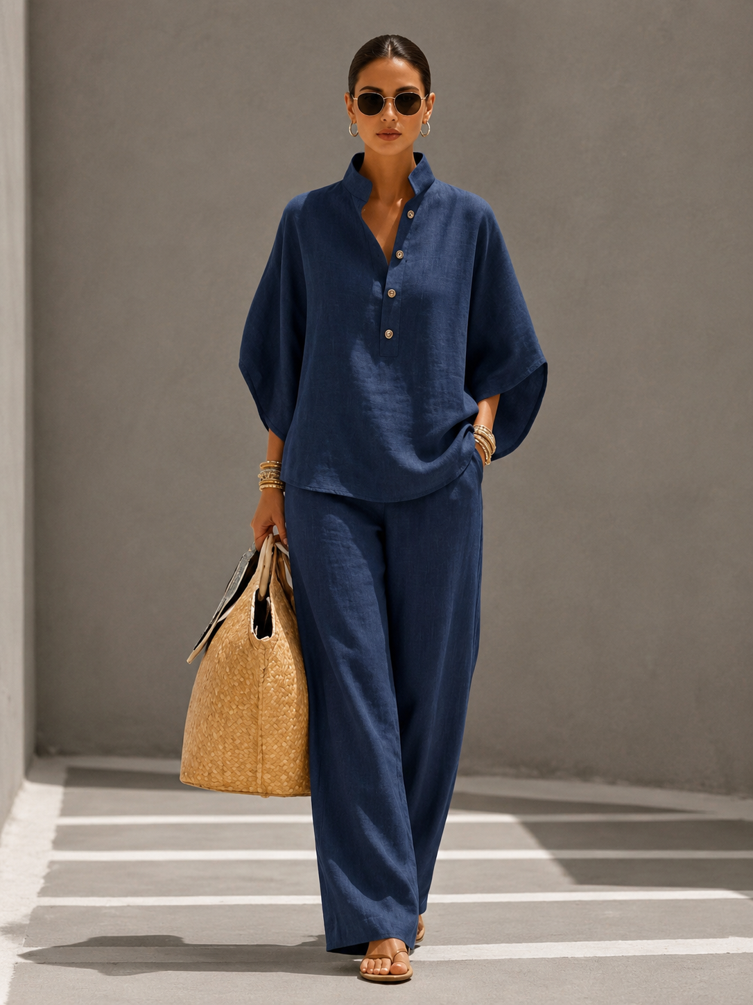 Maria | Conjunto de algodón y lino con mangas murciélago y pantalones anchos