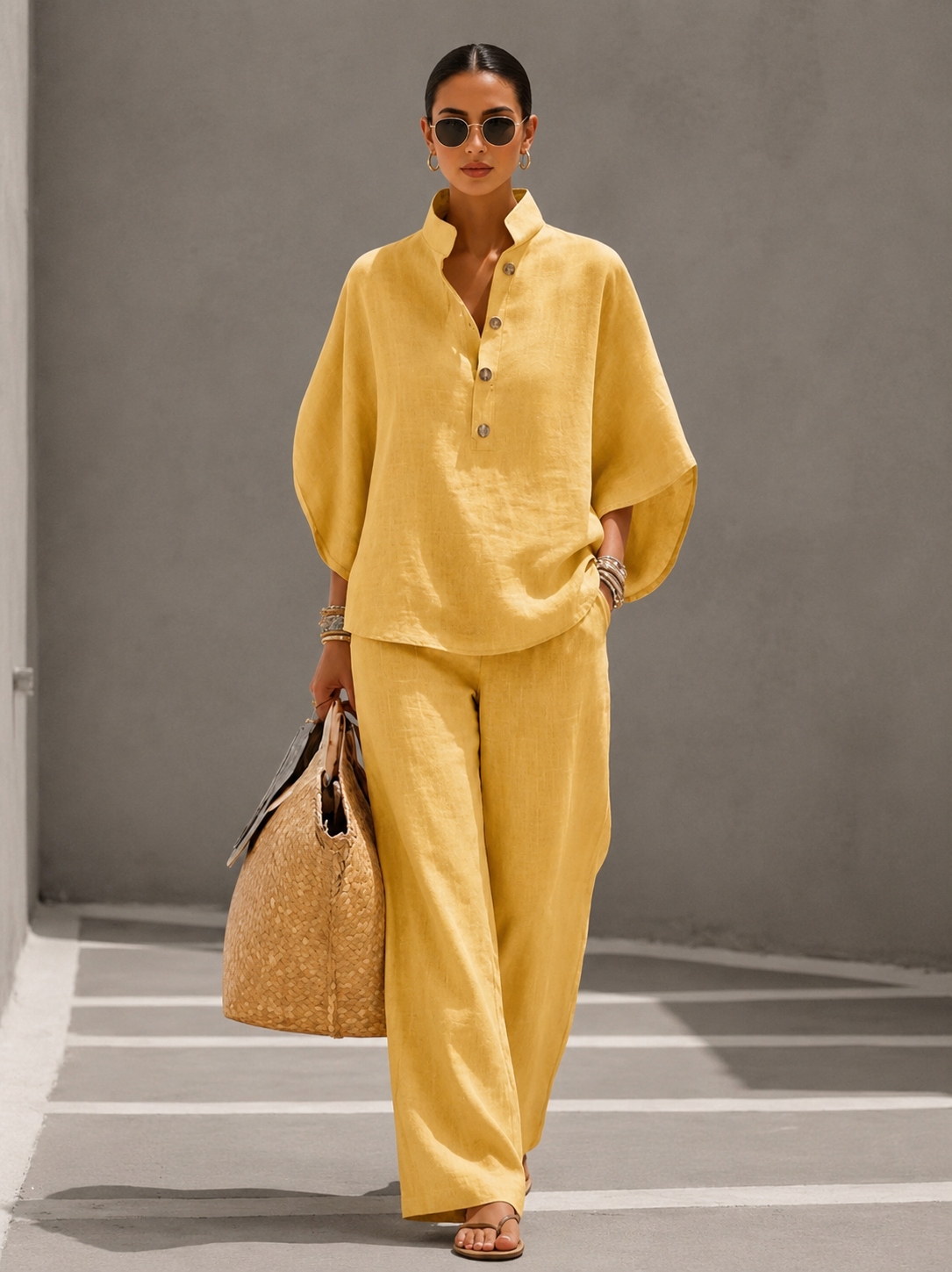 Maria | Conjunto de algodón y lino con mangas murciélago y pantalones anchos