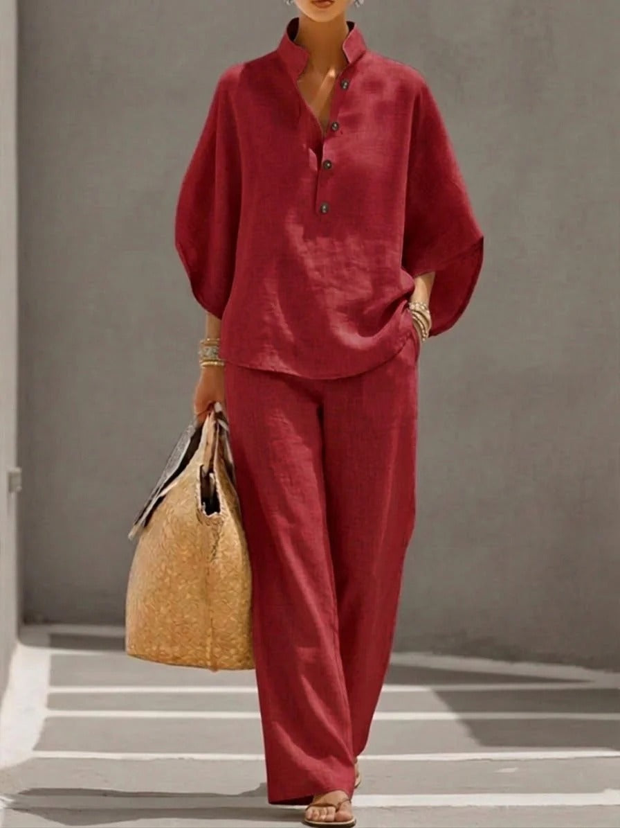 Maria | Conjunto de algodón y lino con mangas murciélago y pantalones anchos