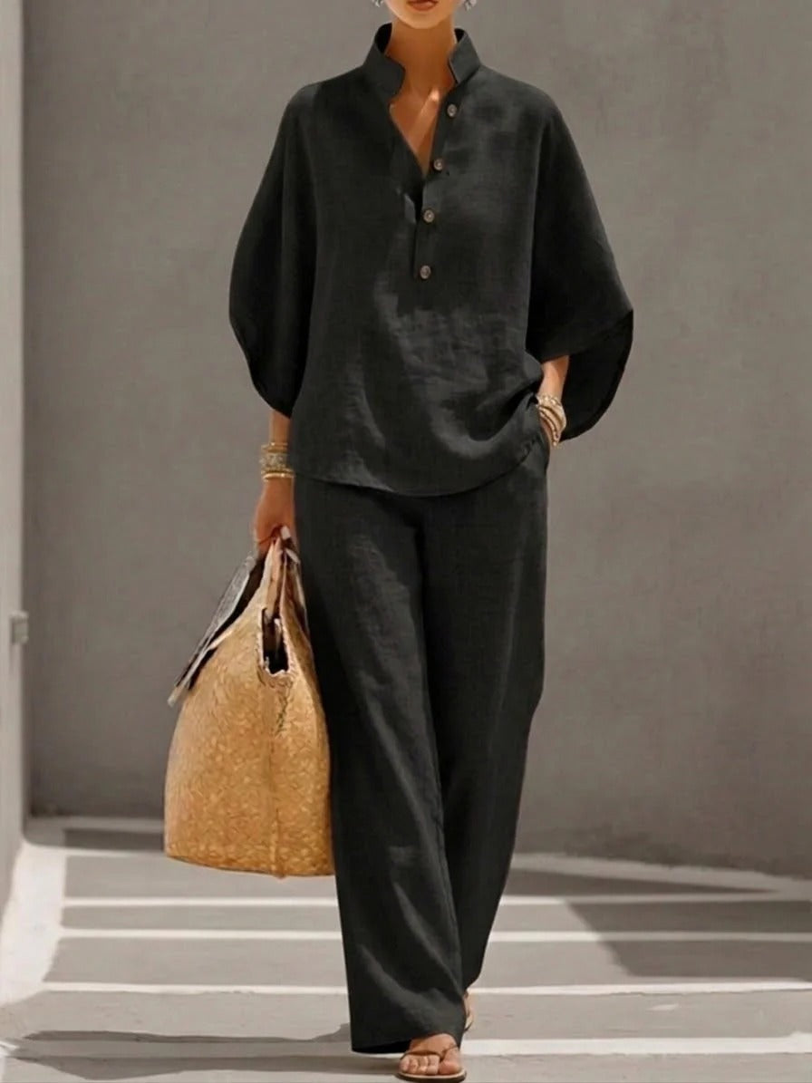 Maria | Conjunto de algodón y lino con mangas murciélago y pantalones anchos