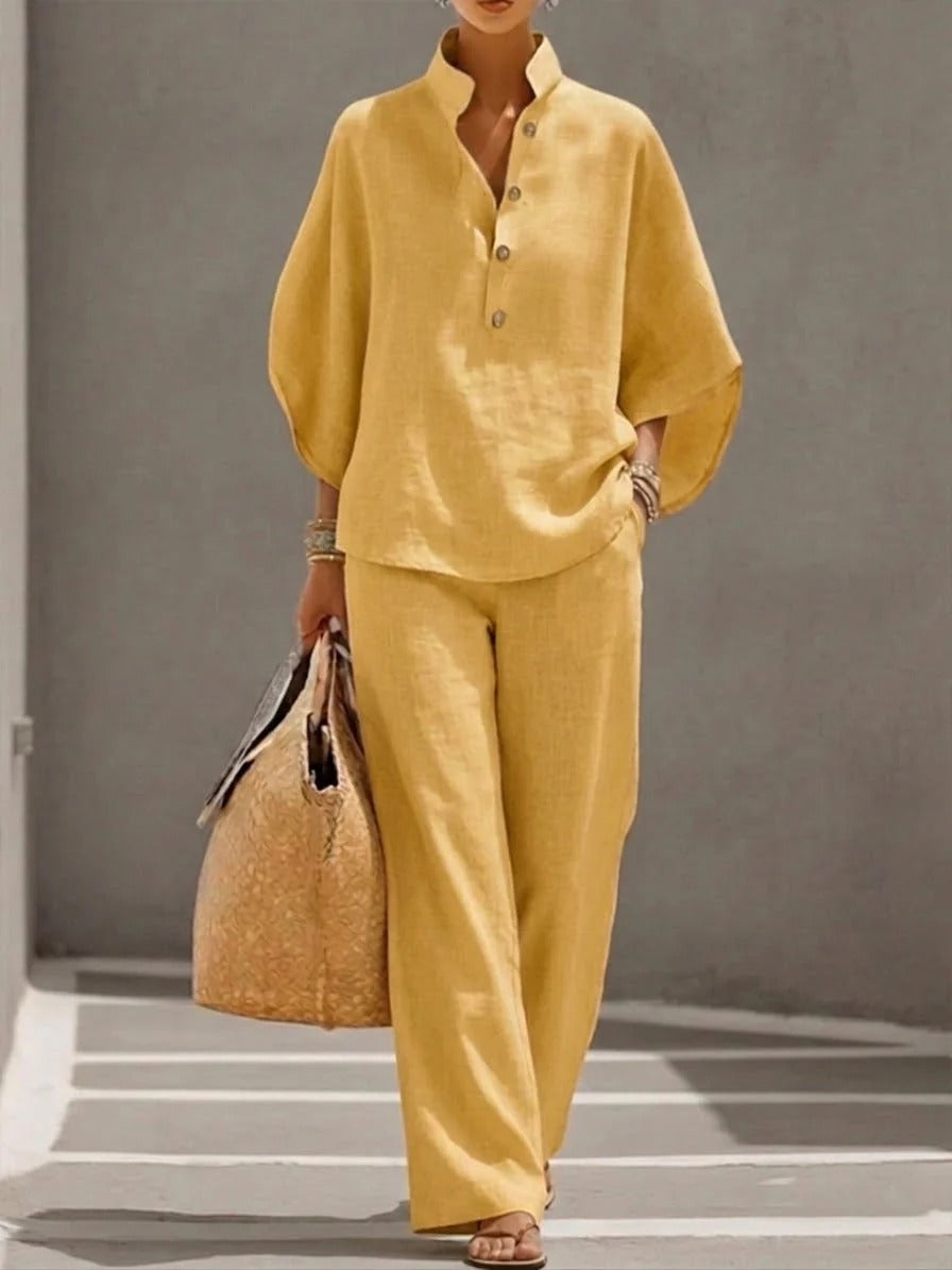 Maria | Conjunto de algodón y lino con mangas murciélago y pantalones anchos